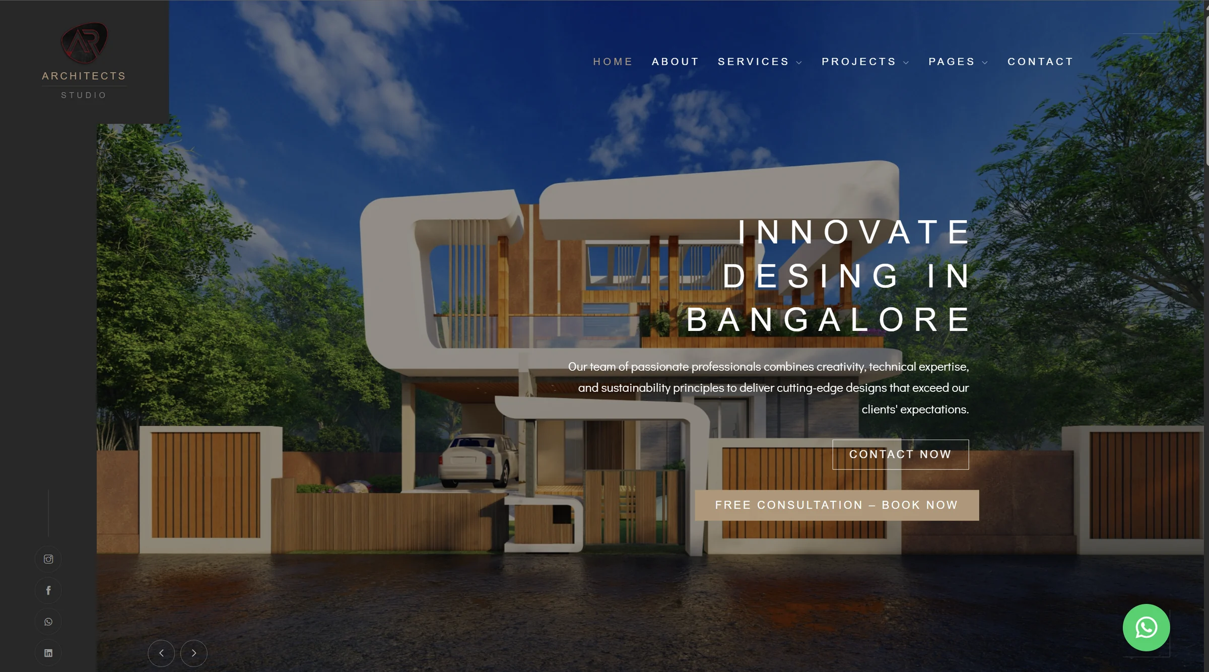 AR Architects Studio homepage: a dark, full-bleed architectural render with the headline “Innovate design in Bangalore” and contact and consultation buttons.